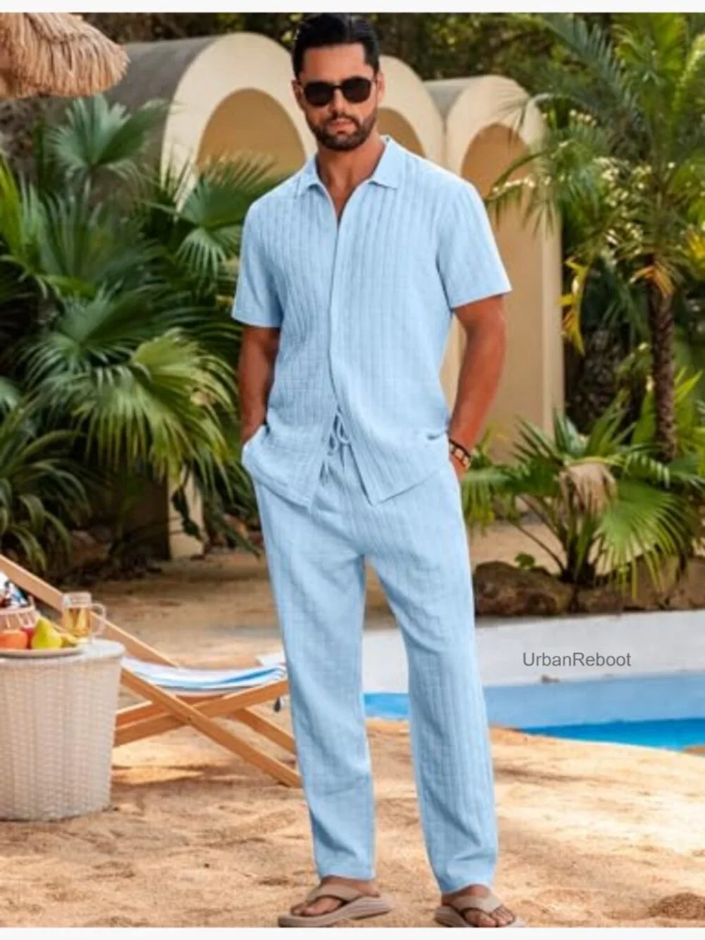 2 Piece Outfit Textured Button Down Shirt and Matching Loose Pants Set